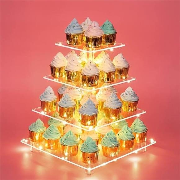 4 Tier Clear Acrylic Cupcake Stand with Gold LED String Lights, Square Tower - Picture 7 of 7